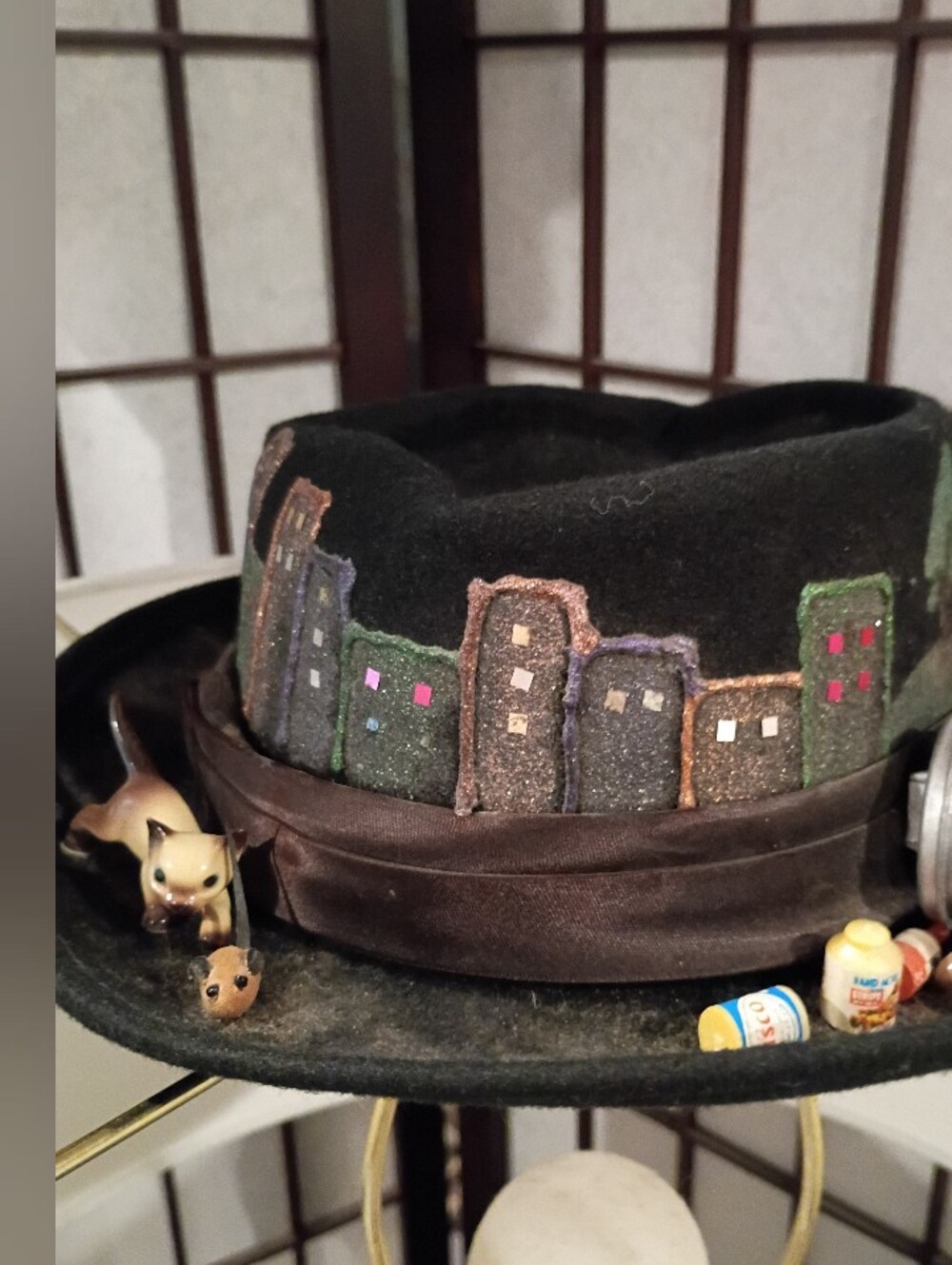 Vintage Black Felt Hat with Colorful Cityscape Embroidery